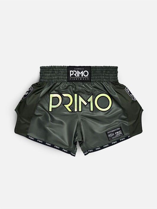 מכנסי איגרוף תאילנדי PRIMO דגם Hologram Series מבד מיקרופייבר--ירוק זית