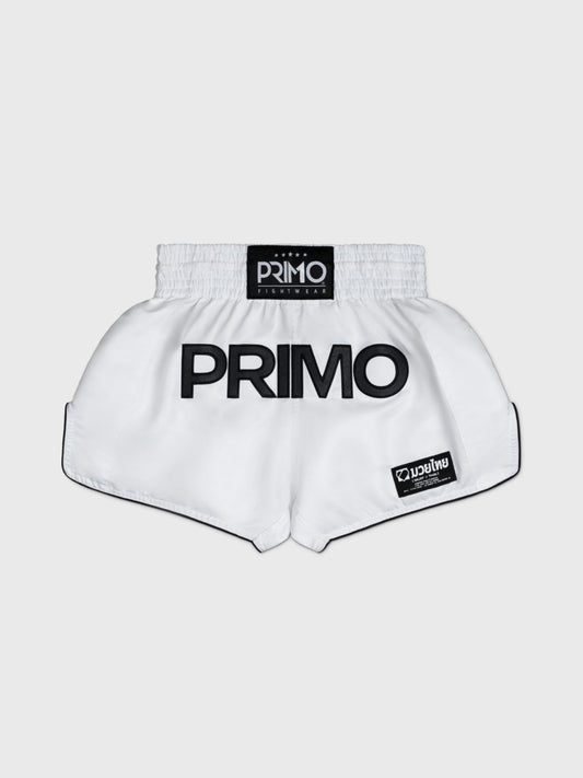 מכנסי איגרוף תאילנדי PRIMO Mamba Series גזרה אסייתית הדוקה ואיכותית--לבן