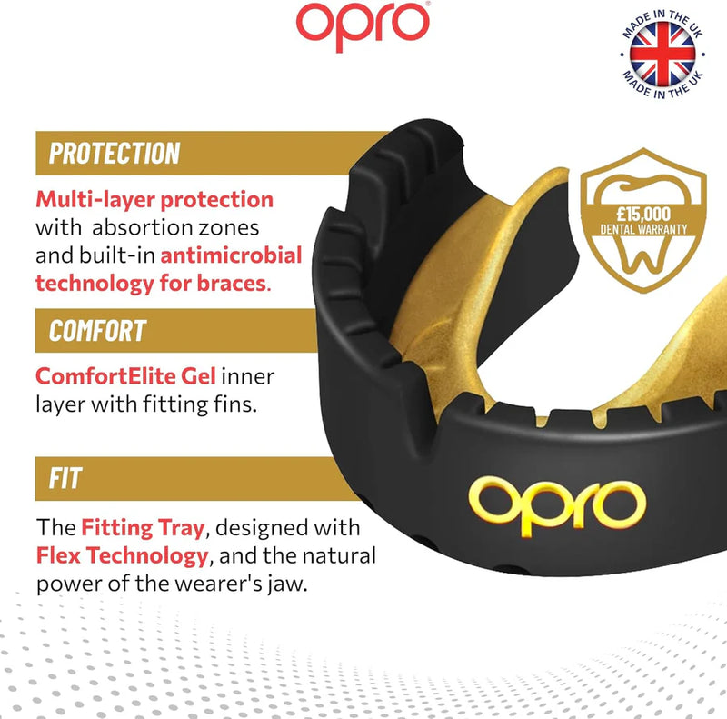 מגן שיניים אורתודונטי OPRO רמת הגנה Gold לספורטאים עם פלטה