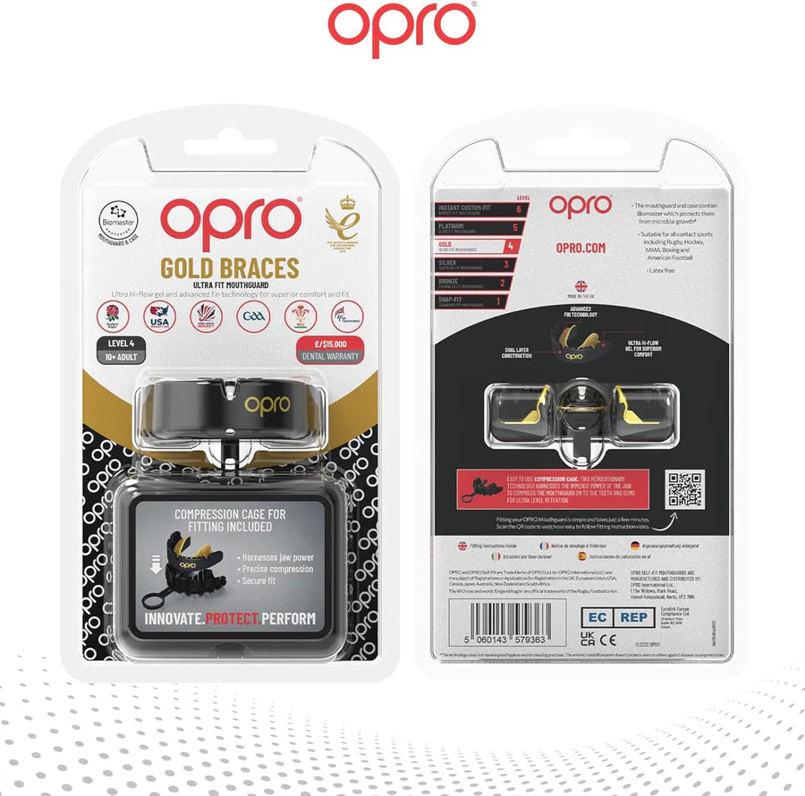 ציוד הגנה לשיניים OPRO Gold לשימוש עם גשר אורתודונטי בספורט מגע