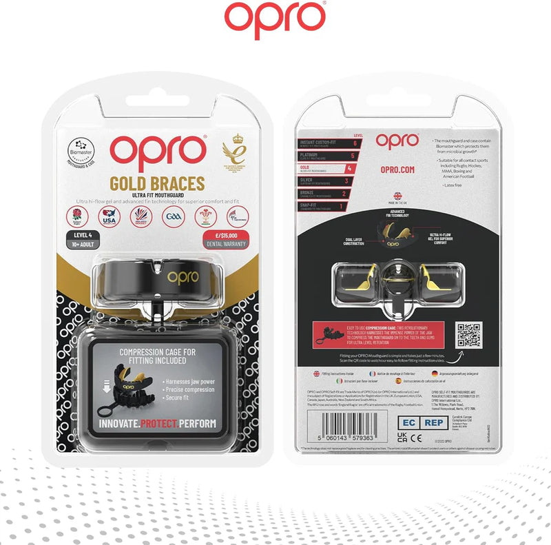 ציוד הגנה לשיניים OPRO Gold לשימוש עם גשר אורתודונטי בספורט מגע