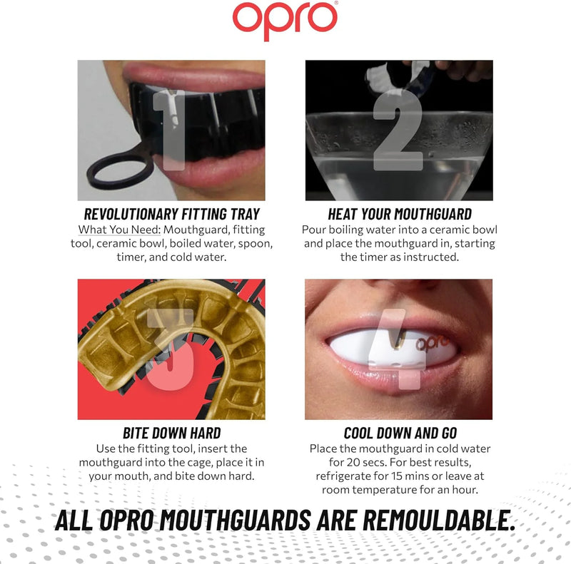 מגן שיניים OPRO Gold Level White בצבע לבן להגנה דו-שכבתית במכותשחור אדום שיניים
