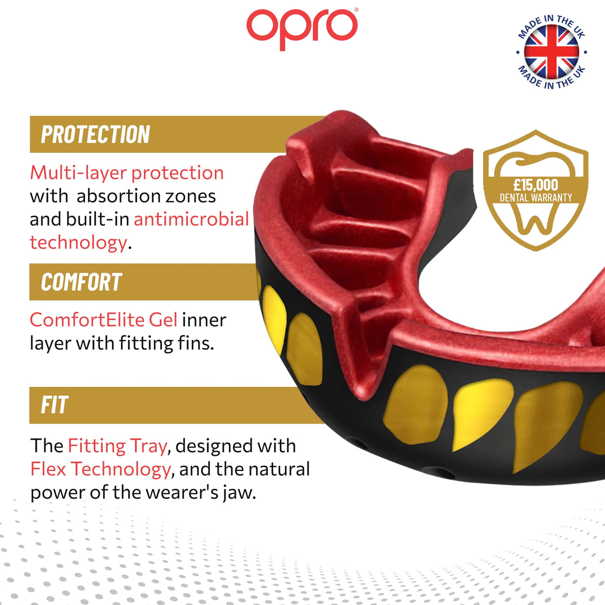 מגן שיניים OPRO Gold Level עם מגש התאמה פטנטי להלבשה מהירה בבית--שחור אדום שיניים