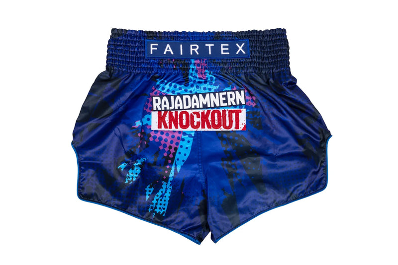 מכנסי איגרוף תאיילנדי פיירטקס דגם Fairtex x RKO Blue בצבע כחול ושחור