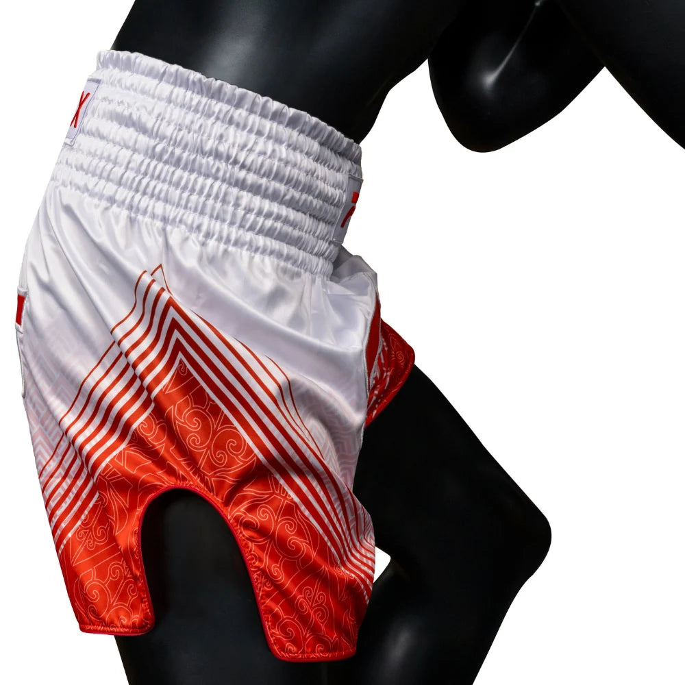מכנסי איגרוף תאיילנדי וקיקבוקסינג Fairtex x RWS BS-RWS02 בד מיקרו סאטן שחור--לבן אדום
