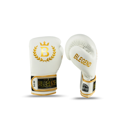 כפפות איגרוף תאילנדי Blegend BGR 14oz עור אמיתי לאימוני קיקבוקס וספארינג מקצועי--לבן