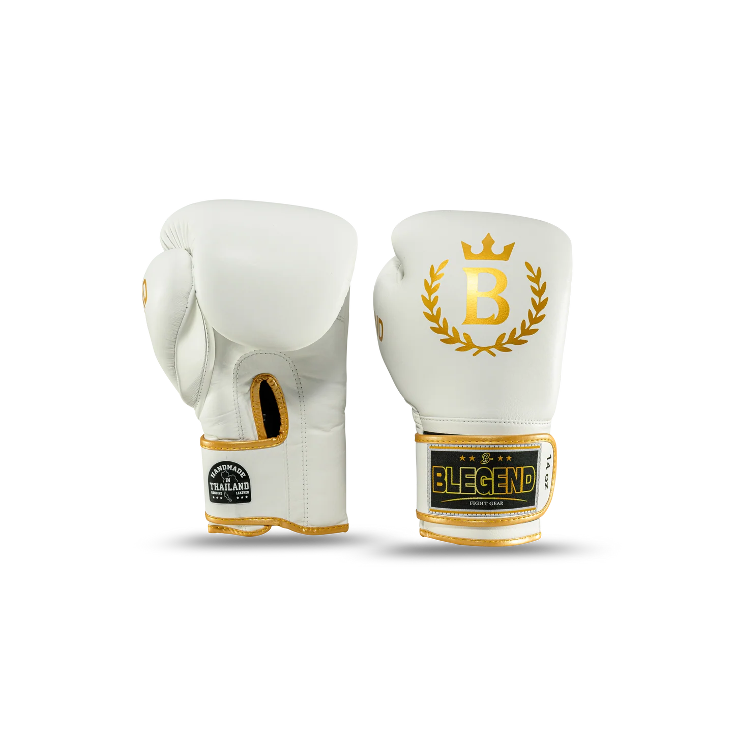 כפפות איגרוף עור אמיתי Blegend BGR במידות 12oz ו 14oz עם עיצוב תאילנדי מסורתי--לבן