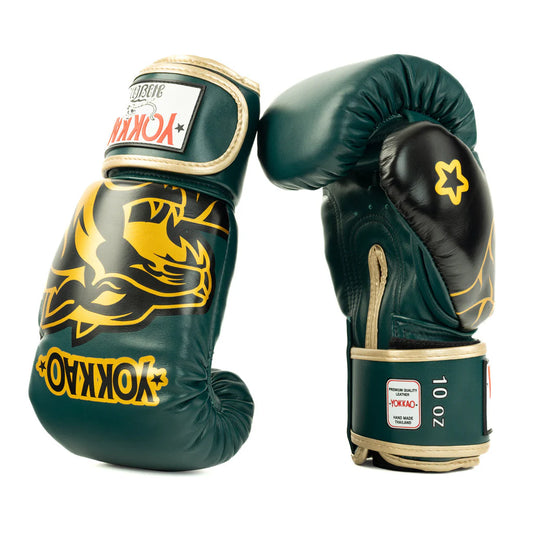 כפפות אגרוף מעור פרה אמיתי Yokkao Original לאימוני איגרוף תאילנדי וקיקבוקסינגה--ירוק