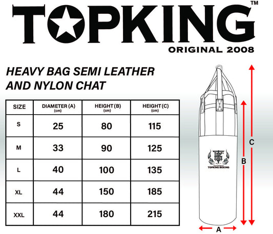 מדריך מידות לשק איגרוף מקצועי לתלייה מבית Top King--שחור