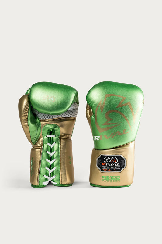 כפפות אגרוף שרוכים Rival 14oz ממיקרופייבר על-עמיד לעבודה עצמתית על לאפות ושק איגרוף--ירוק זהב