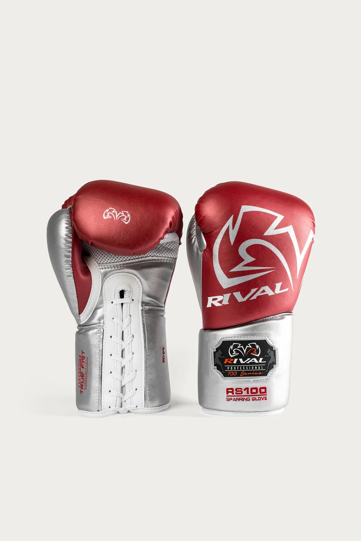 כפפות איגרוף מקצועיות שרוכים 14oz מבית Rival boxing לאלופים ולמתאמנים מתקדמים באיגרוף קלאסי--אדום כסף