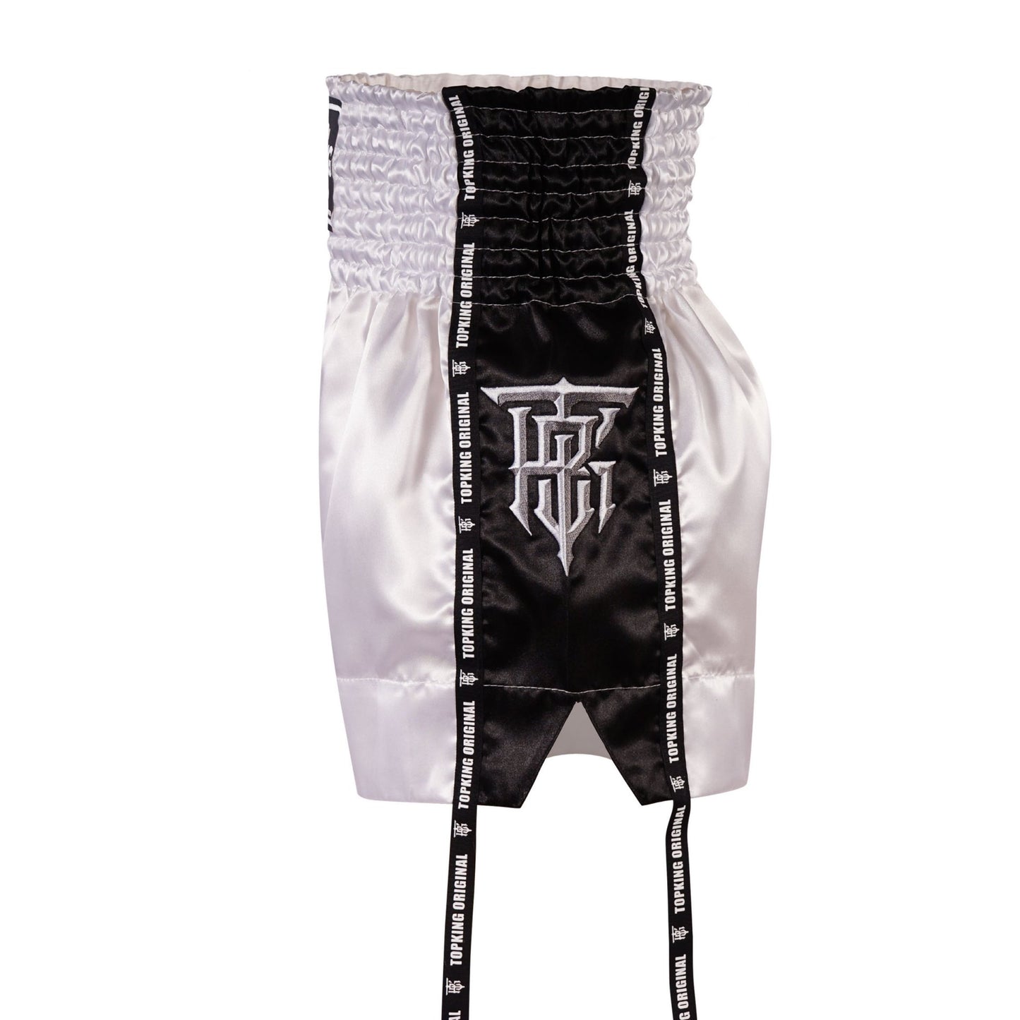 מכנס איגרוף תאילנדי Top King Shorts 201 עם חגורת מותן אלסטית רחבה ושרוך הידוק--לבן שחור