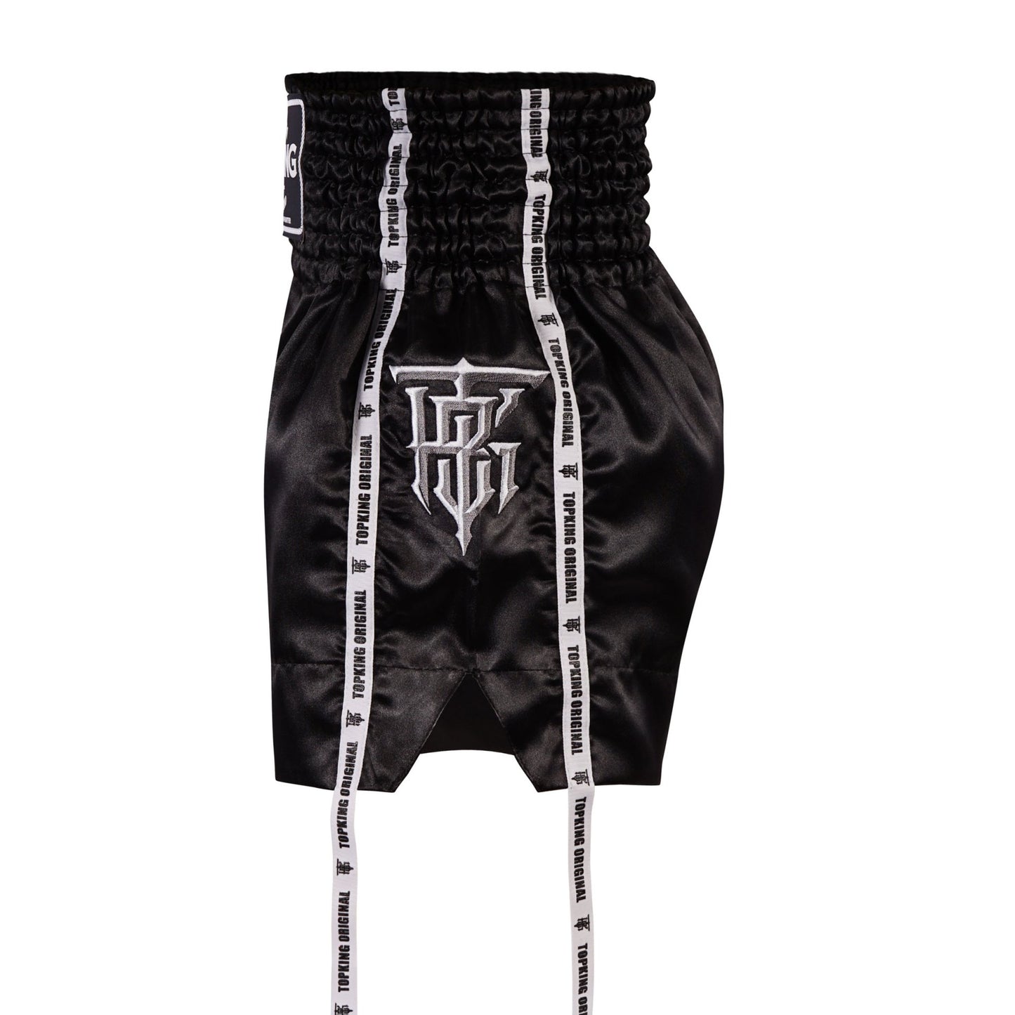 מכנס איגרוף תאילנדי Top King Shorts 202 עם חגורת מותן אלסטית רחבה ושרוך הידוק--שחור