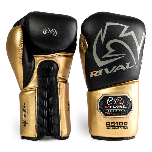 ציוד פרימיום למתאגרפים כפפות איגרוף שרוכים RIVAL עם מבנה אנטומי--שחור זהב