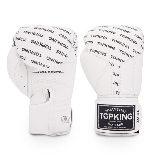 כפפות איגרוף מעור של מותג העל Top King Boxing עם אגודל מחובר למניעת פציעות--לבן