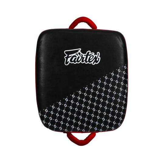 Fairtex LKP1 low kick pad angled view showing ergonomic shape and multilayer foam padding for maximum shock absorption--שחור אדום