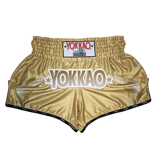 מכנסי איגרוף תאילנדי יוקאו דגם YOKKAO The Flame מבד סאטן פרימיום--זהב