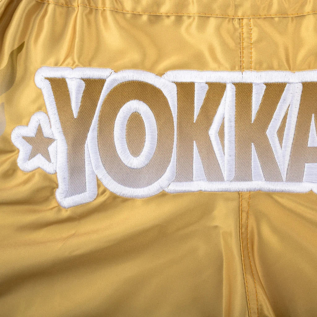 מכנסי איגרוף תאילנדי מקצועיים YOKKAO The Flame עבודת יד מתאילנד--זהב