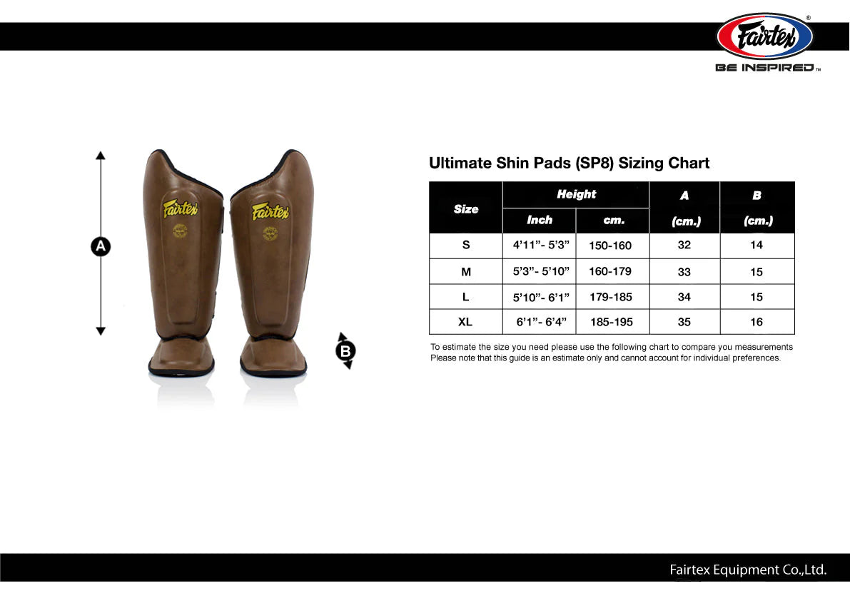 טבלת מידות מגני שוק Fairtex SP8 לבחירת מידה נכונה לאיגרוף תאילנדי וספארינג--שחור